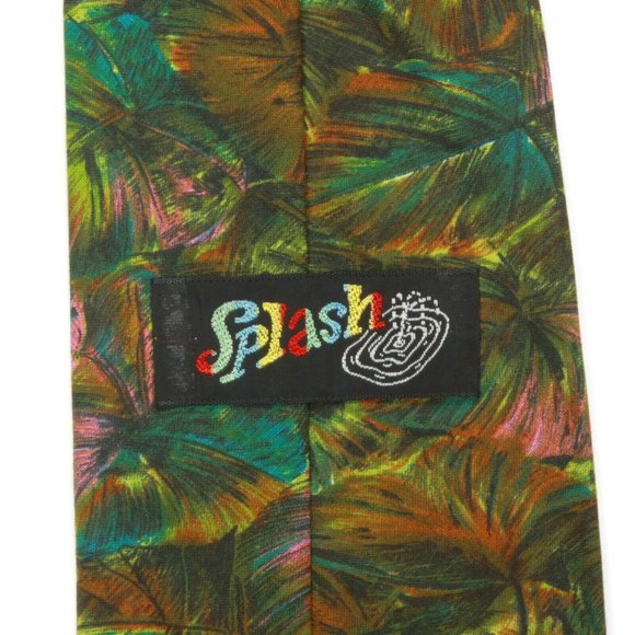 Vintage 1970s Splash Aloha Hawaiian Tiki Floral Men's Neck Tie Green Palm Trees - Picture 4 of 5